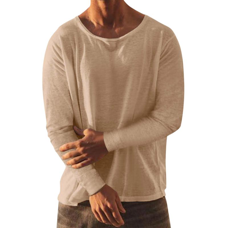 Mens Solid Loose Round Neck Long Sleeve Linen T-shirt 57497281Z