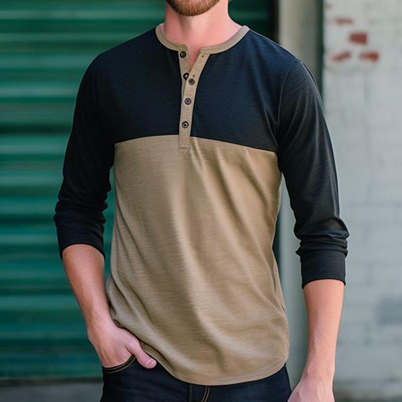 Mens Color Block Henley Collar Long Sleeve T-shirt 18586802Z