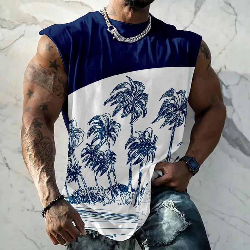 Mens Palm Tree Colorblock Print Sleeveless Tank Top 40958429Z