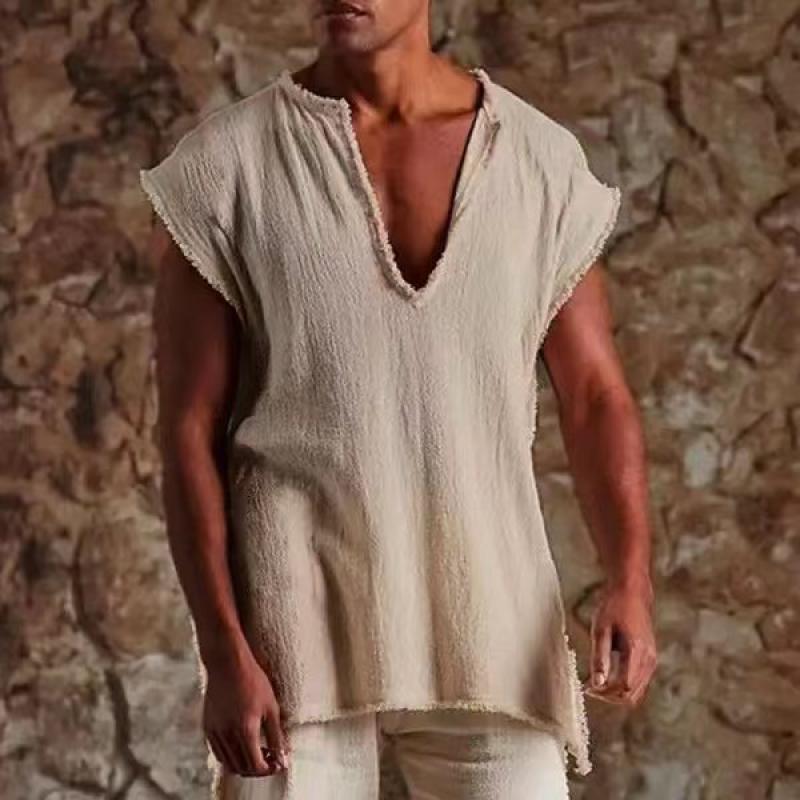 Mens Vintage V-Neck Solid Color Raw Edge Loose Tank Top 69053729M