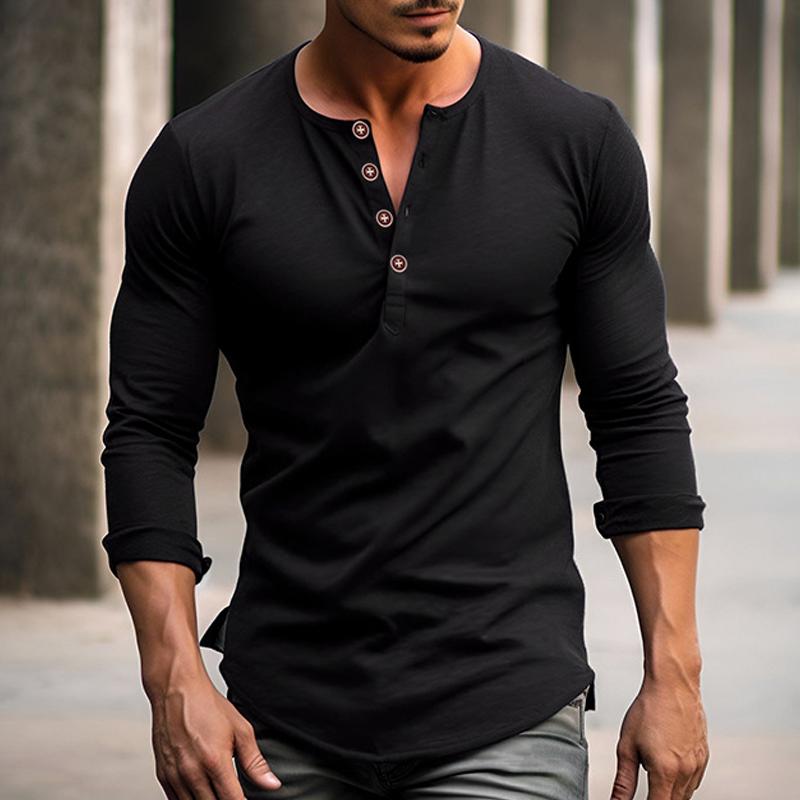 Mens Solid Henley Collar Long Sleeve Casual T-shirt 18309237Z