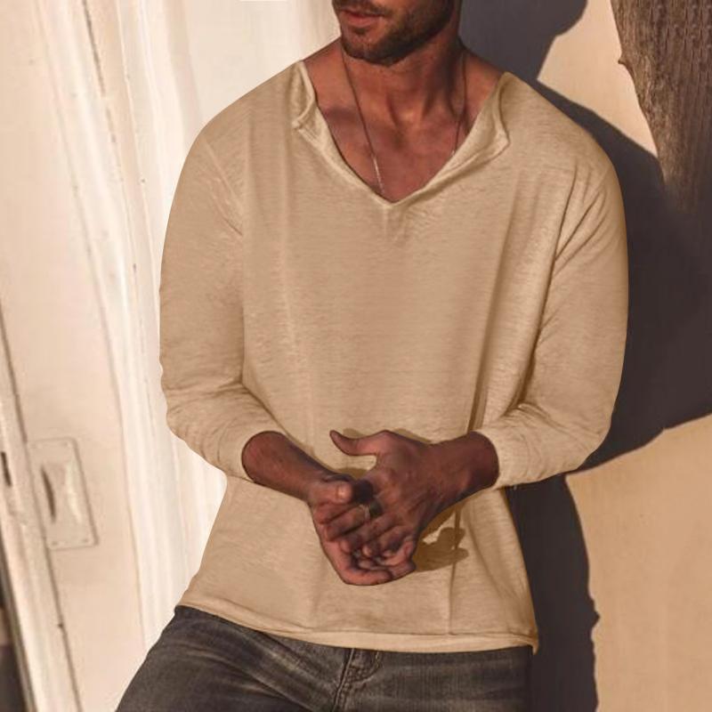 Mens Solid Loose V Neck Long Sleeve Linen T-shirt 24218779Z