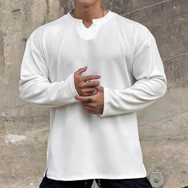 Mens Solid Color Loose V Neck Long Sleeve T-shirt 03317528Z