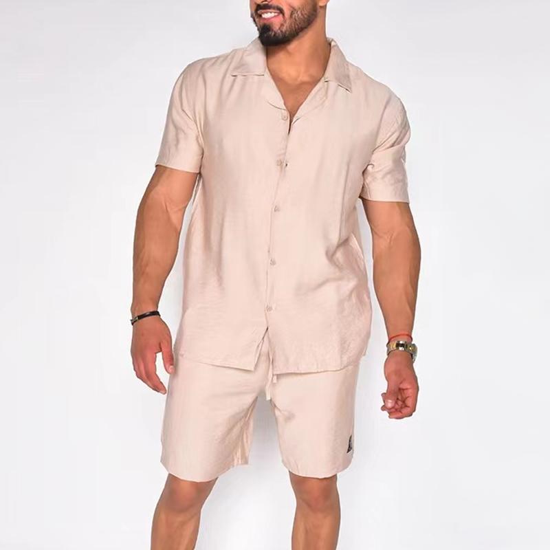 Mens Solid Loose Lapel Single Breasted Short Sleeve Shirt Shorts Set 03456320Z