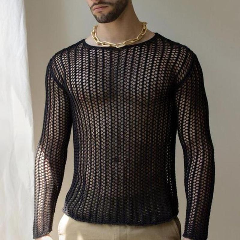 Mens Round Neck Hollow Out Knit T-shirt 79188418Z