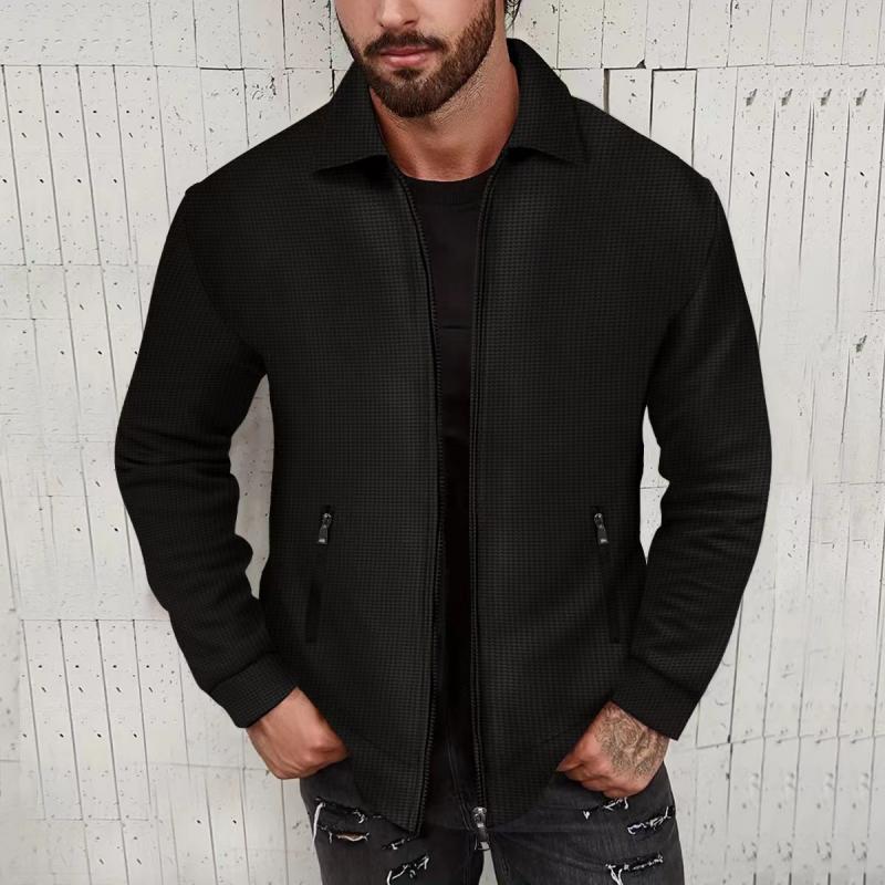 Mens Solid Waffle Lapel Long Sleeve Zipper Sports Casual Jacket 58900659Z