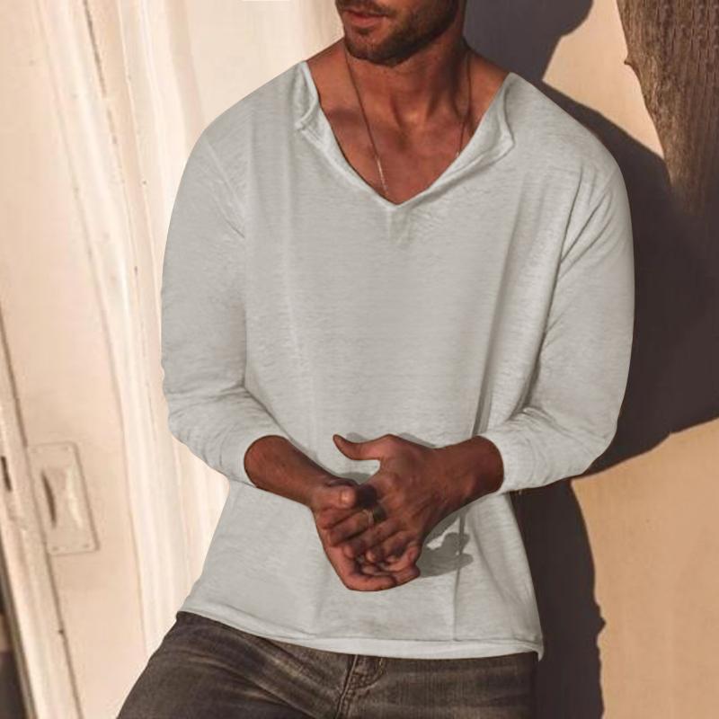 Mens Solid Loose V Neck Long Sleeve Linen T-shirt 24218779Z