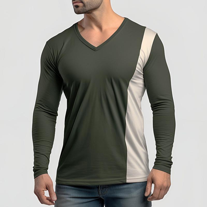 Mens Colorblock V Neck Long Sleeve T-shirt 75738203Z