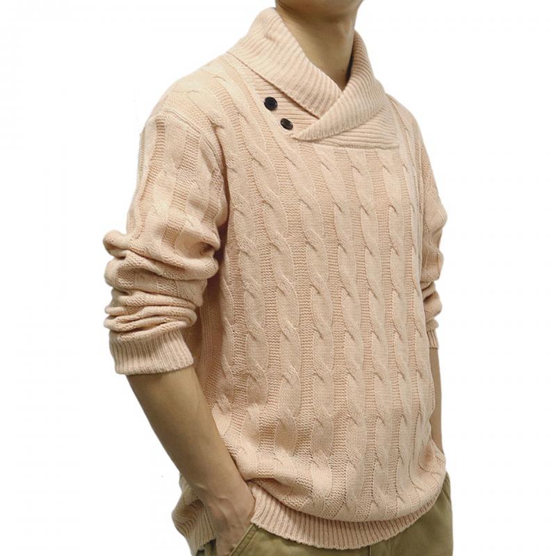 Mens Solid Lapel Long Sleeve Cable Knit Sweater 61052624Z