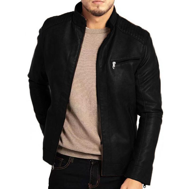 Mens Stand Collar Slim Zipper PU Leather Jacket 01634785Z