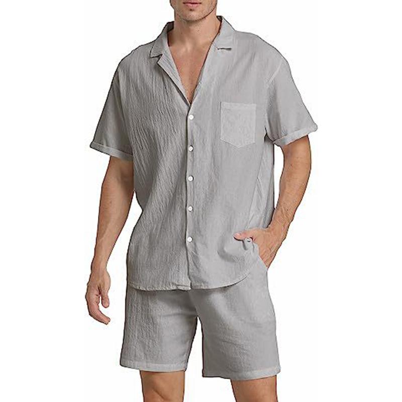 Mens Linen Solid Lapel Single Breasted Short Sleeve Shirt Shorts Set 09186668Z