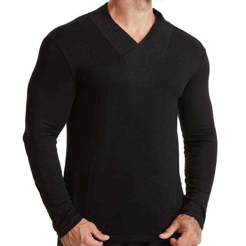 Mens Casual Solid Color V Neck Slim Long Sleeve T-Shirt 51296830M