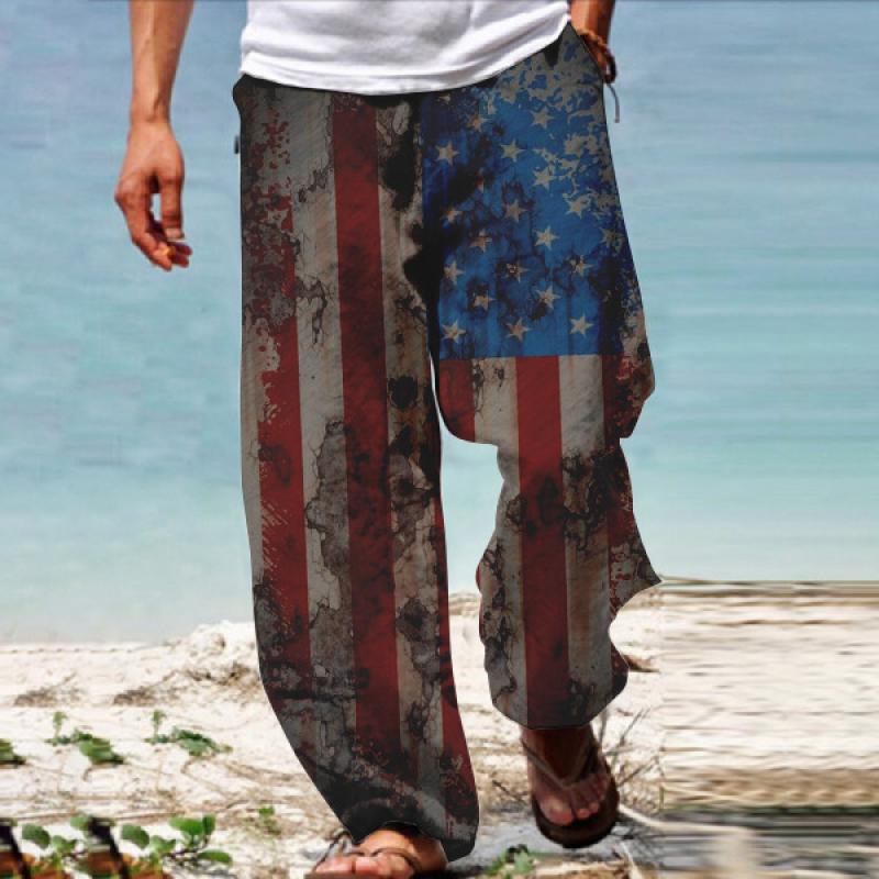 Mens Casual Flag Print Independence Day Loose Pants 78870763M