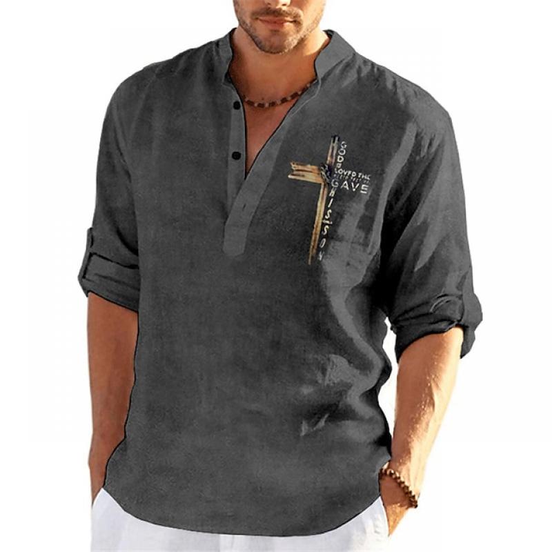 Mens Breast Printed Henley Collar Rolled Sleeve Casual Beach Shirt 07182371Z