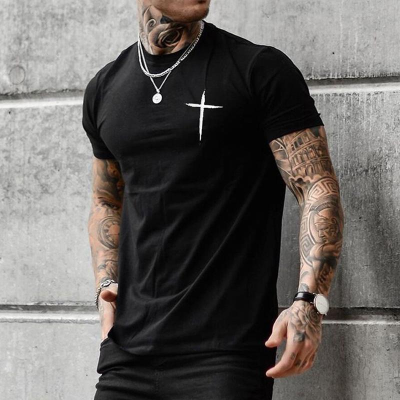 Mens Fashion Cross Print Round Neck Short Sleeve T-shirt 01178488Z