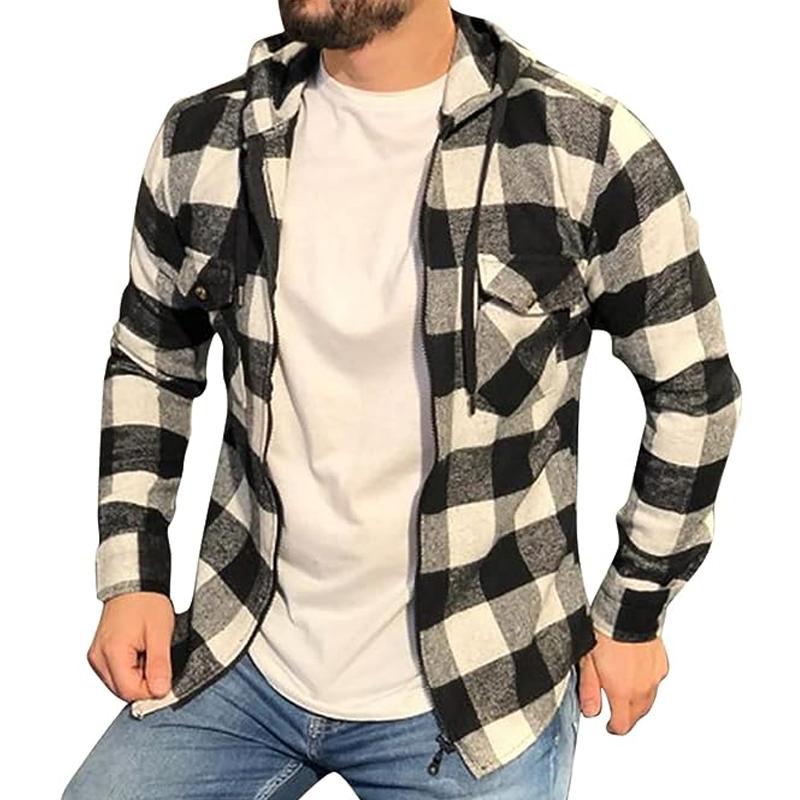 Mens Hooded Plaid Breast Pockets Zip Casual Jacket 79962016Z